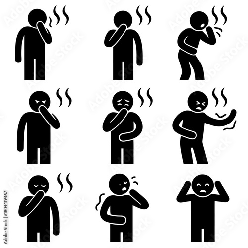 A detailed collection of black silhouette vector icons illustrating the concept of a bad odor or foul smell.