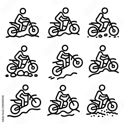 A detailed collection of line art vector icons illustrating the high-action sport of motocross, dirt biking, and off-road trail riding.