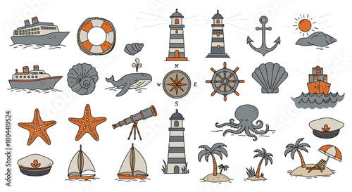 charming hand-drawn nautical marine icons depicting ships lighthouses sea animals beach for travel and summer holidays.