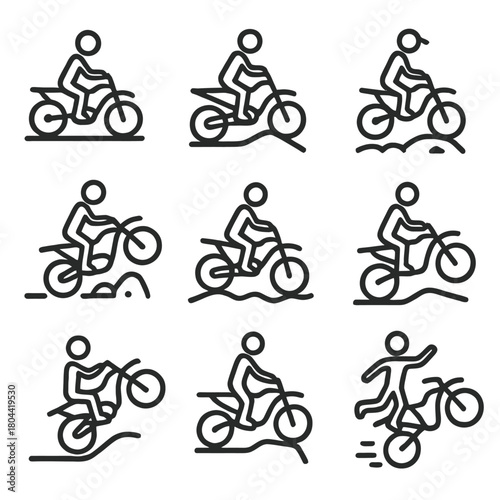 A detailed collection of line art vector icons illustrating the high-action sport of motocross, dirt biking, and off-road trail riding.