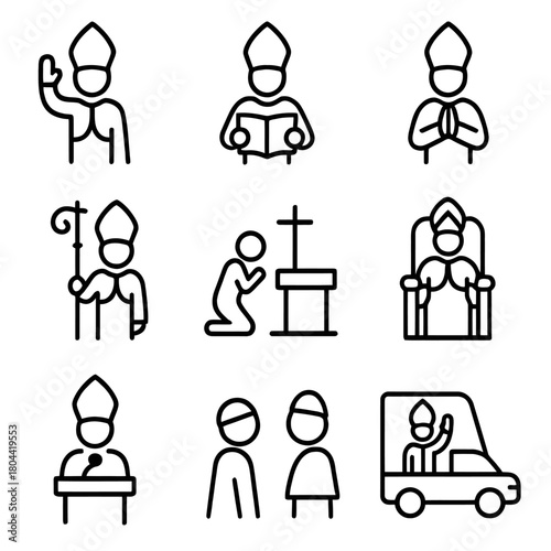 A large and detailed collection of vector icons in both line art and silhouette styles featuring a high-ranking Catholic or Christian clergyman such as a Pope or Bishop.