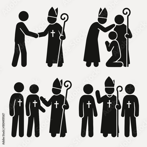 A large and detailed collection of vector icons in both line art and silhouette styles featuring a high-ranking Catholic or Christian clergyman such as a Pope or Bishop.