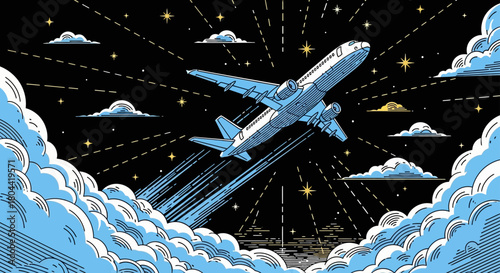 an airplane taking off ascending into a dark starry night sky above stylized blue clouds a graphic illustration for global travel and adventure.