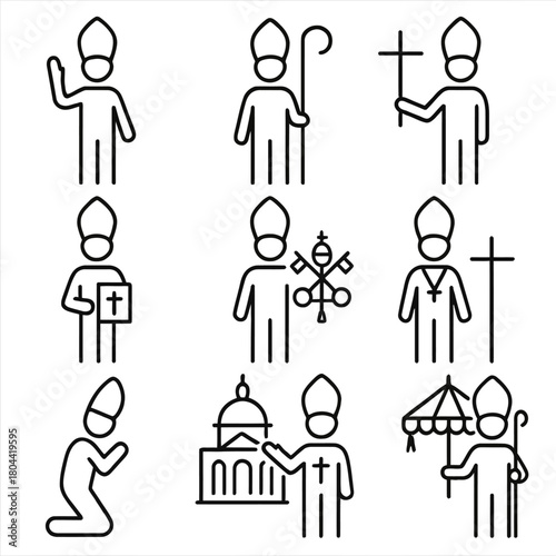 A large and detailed collection of vector icons in both line art and silhouette styles featuring a high-ranking Catholic or Christian clergyman such as a Pope or Bishop.