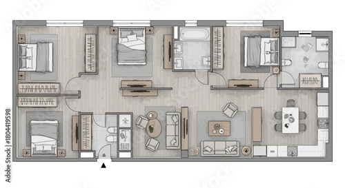 apartment floor plan featuring multiple bedrooms ideal for residential real estate and modern interior design visualization.