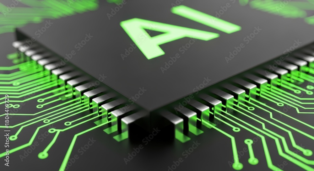 Fototapeta premium Microchip with green glowing lines symbolizes artificial intelligence and the future of technology innovation
