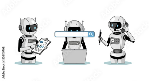 automation in business three ai robots analyzing data performing internet searches and offering customer support embodying future technology.