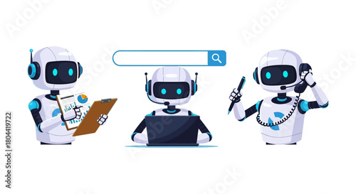 artificial intelligence robots performing business tasks customer support data analysis online search for modern digital assistance.