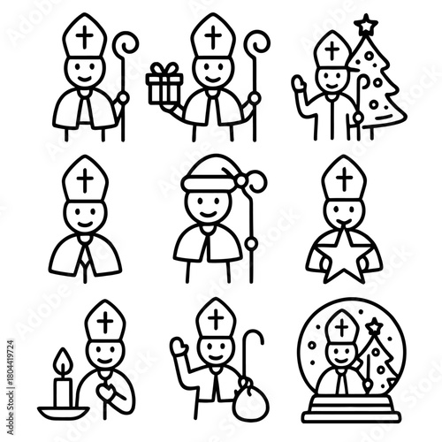 A detailed collection of line art vector icons illustrating the religious and traditional aspects of Christmas, often centered around the figure of a Bishop or Saint Nicholas 