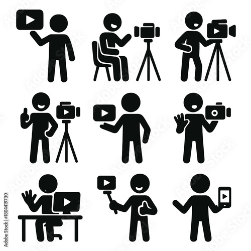A detailed collection of vector icons in both line art and silhouette styles, illustrating the professional activities of a YouTuber, vlogger, or digital content creator.