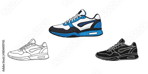 Stylish running shoe Vector Set in Three Styles — Line Art, Silhouette and Color Version  perfect for athletic apparel design and marketing materials showcasing footwear fashion