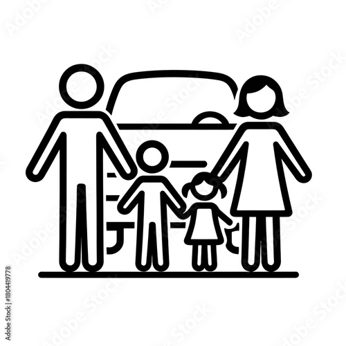 Parents, Children, Car, and Travel Silhouette and Outline Icons