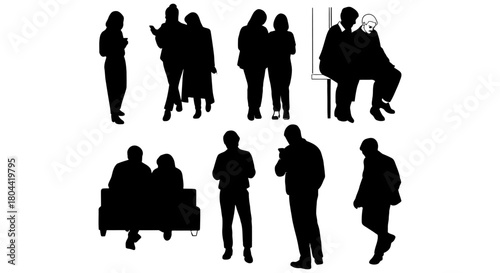 black people silhouettes using smartphones interacting and waiting in various poses illustrating modern communication and social dynamics.