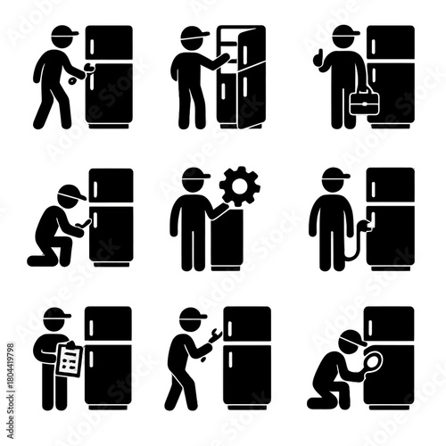 A detailed collection of black silhouette vector icons featuring a repair technician or service worker performing maintenance and repair on a refrigerator or freezer.