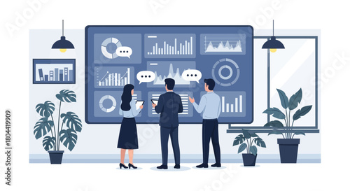 business professionals analyzing market data on a large display illustrating modern corporate strategy and teamwork.