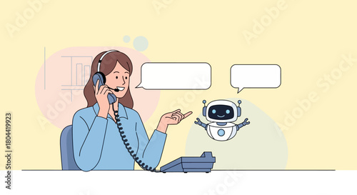 call center agent and smiling ai robot collaborating in an office symbolizing modern customer support and human-robot efficiency.