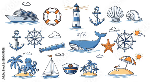 cartoon nautical travel icons collection depicting marine elements for ocean adventure and summer vacation graphic design assets