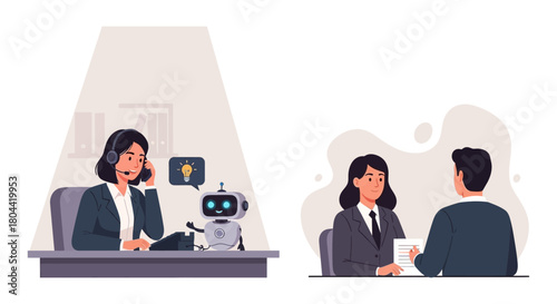call center agent with ai robot support and business professional interview depicting human-ai workplace collaboration.