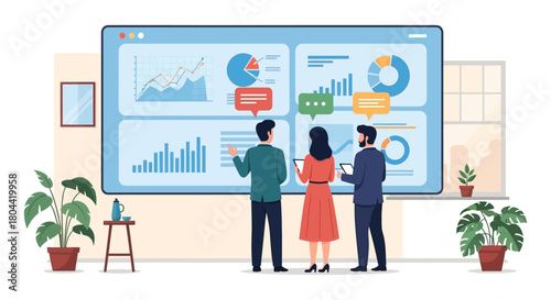business team analyzing data visuals on large screen in office collaborating for market analysis and strategy.
