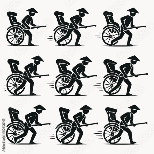 A detailed collection of black silhouette vector icons representing the jinrikisha (or rickshaw), a traditional mode of human-powered transportation.