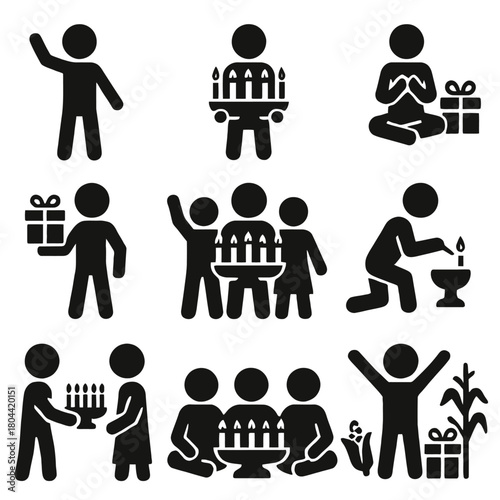 A comprehensive collection of black silhouette vector icons representing the Kwanzaa holiday, a celebration of African-American culture, heritage, and unity.