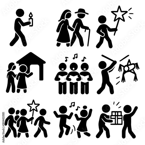 A detailed collection of black silhouette vector icons representing Las Posadas, the traditional Hispanic and Latin American Christmas celebration.