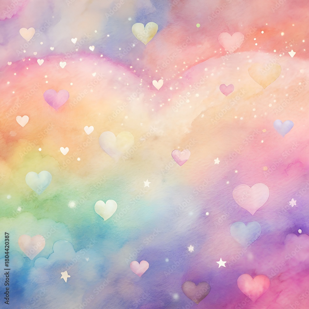 Fototapeta premium Dreamy Watercolor Background with Soft Pastel Hearts and Stars