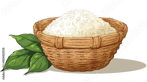 Rice Basket with Green Leaf Vector Illustration