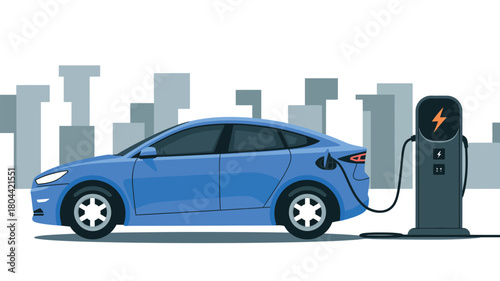 Electric car charging at station in modern city environment with clean energy concept
