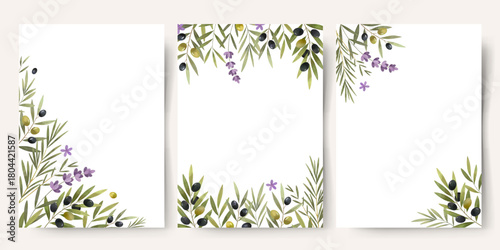 Delicate mediterranean frames with lavender and olives. Watercolor herbs border. For wedding invitations, greeting cards, posters