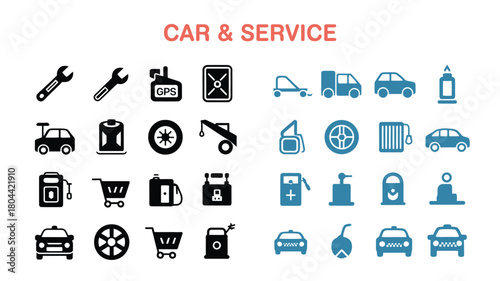 Car and service icon set in black and blue with tools, vehicles, fuel, maintenance symbols and automotive repair elements
