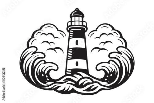 A monochrome lighthouse stands firm amidst stylized waves and soaring birds in format