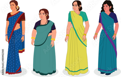 collection of traditional saree woman in traditional clothes indian animation ready vector	
