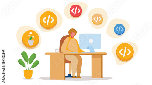 Creative freelance developer coding with floating html and css elements symbolizing web development programming and digital design