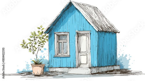Blue House with Blue Roof and Plant Drawing for Real Estate and Architecture Projects