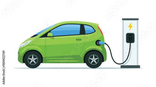 Green Electric Car Charging at Station with Plug Connected to Charging Point
