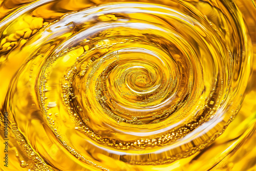Golden swirling liquid creating abstract circular motion with high shine and fluid texture. The vibrant spiral conveys energy, movement, and a dynamic visual pattern.