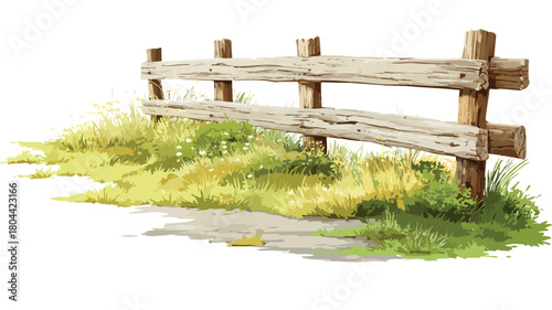 Detailed Vector Drawing of Wooden Fence with Grass - Outdoor Nature Scene