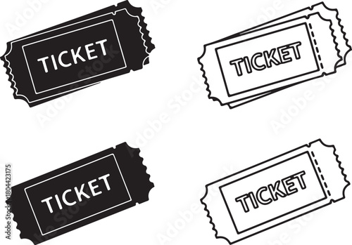 Collection of four tickets with the word ticket printed on them, two solid black and two outlined