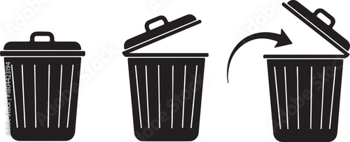 Three black silhouette icons of a trash can closed, open, and with an arrow indicating disposal