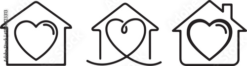 Three simple black outline icons of houses with hearts inside