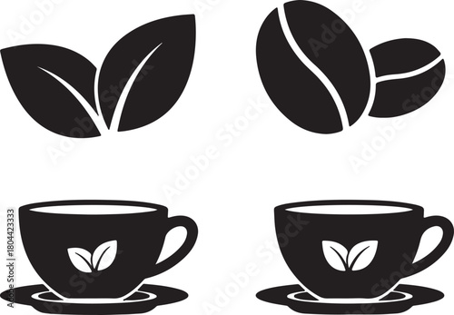 Set of four black icons representing coffee and tea, including coffee beans, tea leaves, and cups