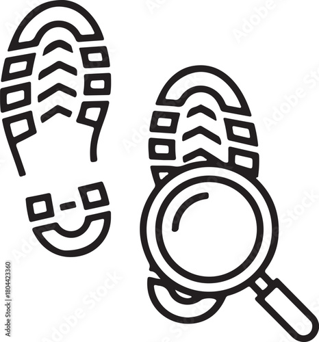 Forensic investigation icon of shoe prints with magnifying glass. evidence analysis, crime scene search, and tracking concept.
