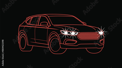 Red car Art with Glowing Headlights on Black Background in Futuristic Style
