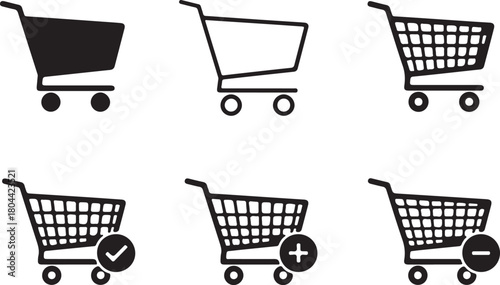 Collection of six shopping cart icons with different styles and symbols