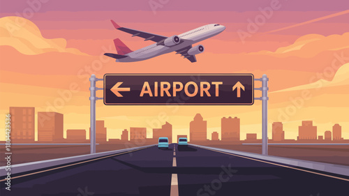 Highway to Airport with Airplane Taking Off and City Skyline at Sunset
