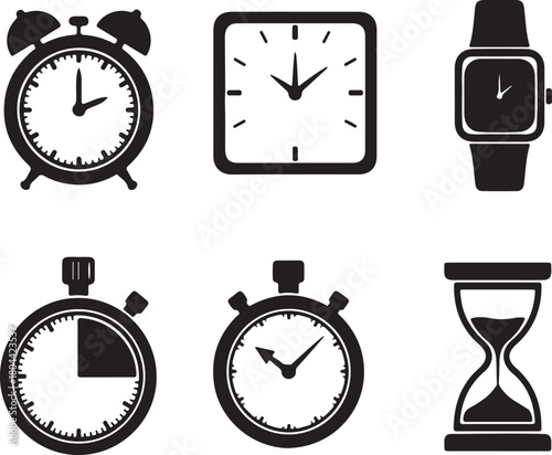 Collection of six black and white icons representing different timekeeping devices