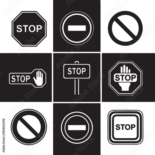 Collection of various stop and prohibition signs, including octagonal stop signs, circular prohibition signs, and a hand gesture indicating stop, presented in a grid