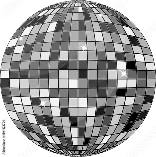Shiny mirrored disco ball with reflective square tiles and light glare. Retro party decoration illustration.