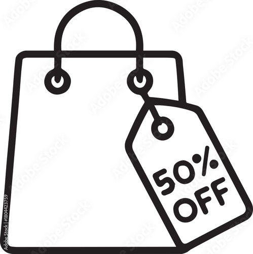 Shopping Bag Icon with 50% Off Sale Tag – Discount Offer Vector Illustration